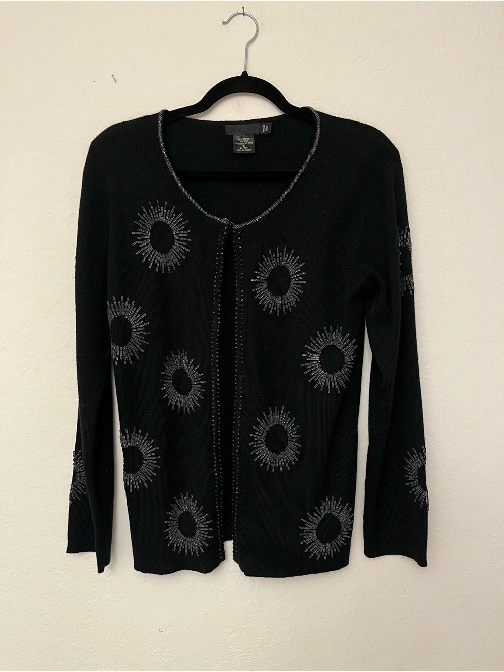 Radzoli Black Cardigan with Silver Sunburst Embellishments
